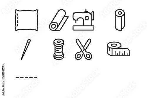 Sewing Tool Icons. Outline icon set of pillowcase seam: pillow, fabric roll, sewing machine, needle, thread