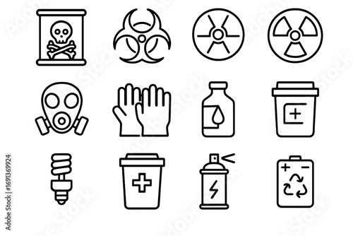 Hazardous Waste Icons. Outline icon set of hazardous waste management: toxic waste barrel, biohazard symbol, radiation symbol, gas