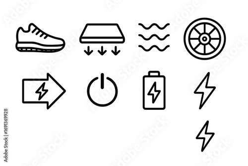 Kinetic Energy Icons Set. Outline icon set of kinetic energy harvesting: shoe sole, road plate, vibration