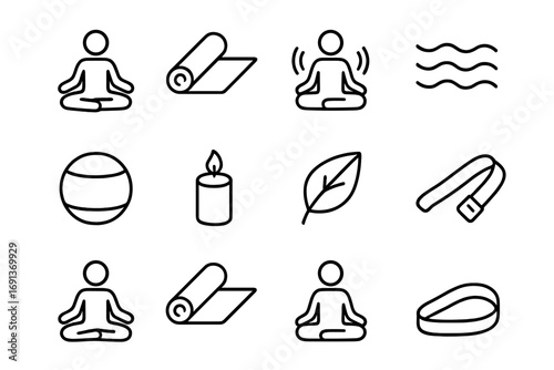 Yoga Icons for Athletes. Outline icon set of yoga and mindfulness for athletes: lotus pose, yoga mat,