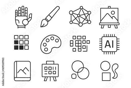AI Art Icons. Outline icon set of artificial intelligence-generated art: robot hand, digital brush, neural