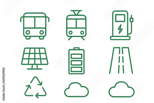 Green Transport Icons. Outline icon set of green transportation hubs: bus, tram, charging station, solar panel