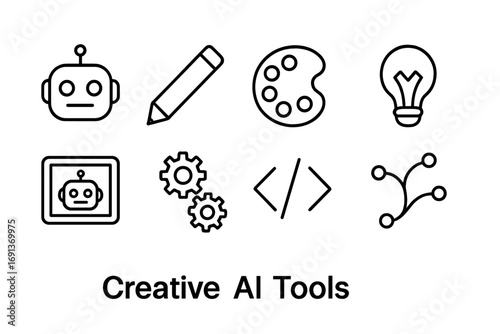 Creative AI Icon Set. Outline icon set of creative AI tools: robot head, digital pen, palette, idea bulb,