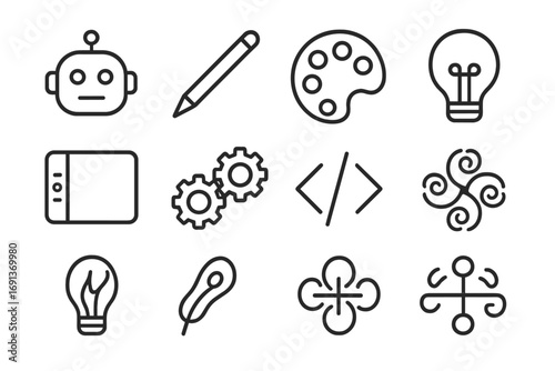 Creative AI Icon Set. Outline icon set of creative AI tools: robot head, digital pen, palette, idea bulb,