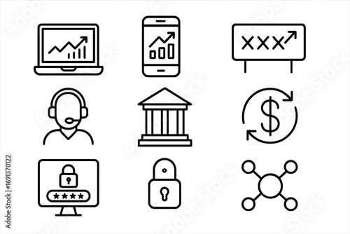 Trading Platform Icons. Outline icon set of derivatives trading platforms: laptop screen chart, mobile trading