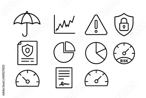 Risk Management Icons. Outline icon set of risk management in derivatives: umbrella protection, volatility