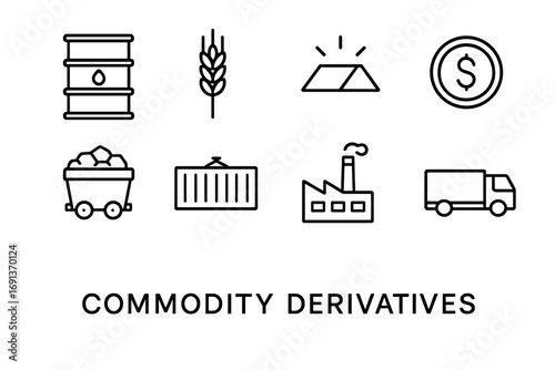 Commodity Icons Grid. Outline icon set of commodity derivatives: oil barrel, wheat stalk, gold bar, silver