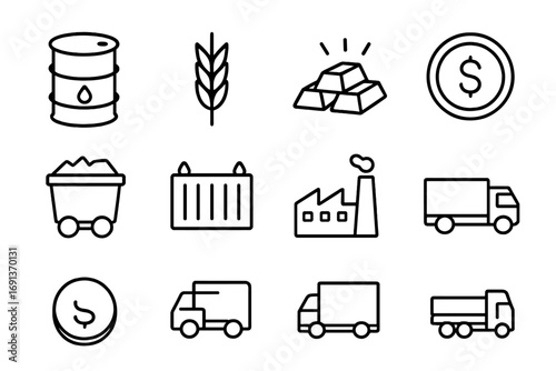 Commodity Icons Grid. Outline icon set of commodity derivatives: oil barrel, wheat stalk, gold bar, silver