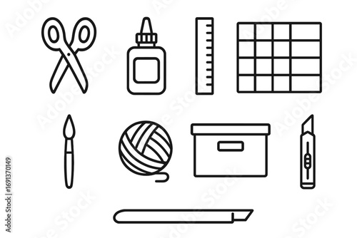 DIY Craft Icons. Outline icon set of DIY craft station setup: scissors, glue bottle, ruler, cutting mat,