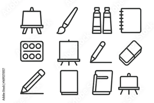Art Tools Icons. Outline icon set of painting and drawing: easel, paintbrush, paint tubes, watercolor tray,