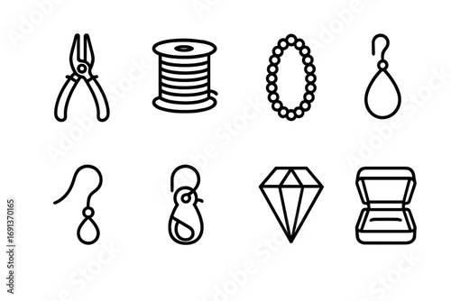 Jewelry Icon Set. Outline icon set of jewelry making: pliers, wire spool, bead string, pendant, earring hook,