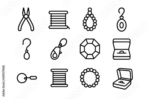 Jewelry Icon Set. Outline icon set of jewelry making: pliers, wire spool, bead string, pendant, earring hook,