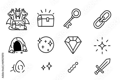 Mythical Guardian Icons. Outline icon set of multi-headed creature guarding treasure: dragon with three heads,