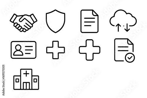Data Sharing Icon Set. Outline icon set of data sharing agreements: handshake, shield, document, cloud