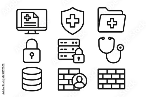 EHR Security Icons. Outline icon set of electronic health records security: computer monitor, shield, medical