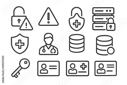 Healthcare Data Security Icons. Outline icon set of healthcare data breach prevention: broken lock warning,