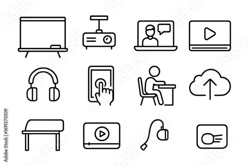 Interactive Teaching Icons. Outline icon set of interactive teaching with multimedia tools: digital whiteboard