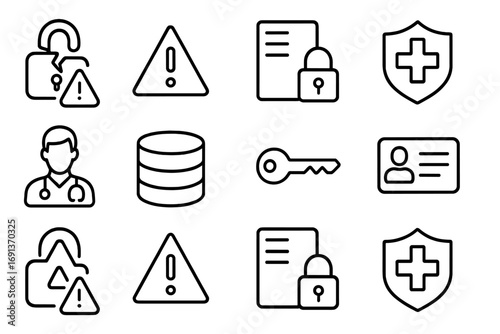 Healthcare Data Security Icons. Outline icon set of healthcare data breach prevention: broken lock warning,