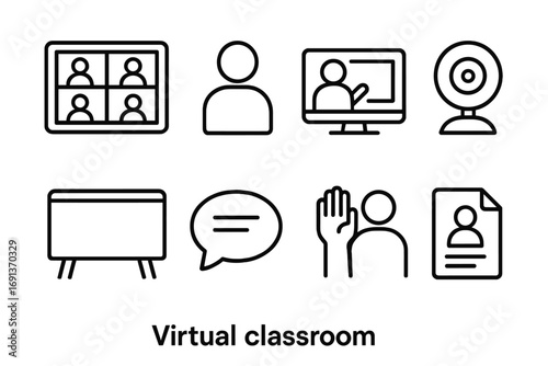 Virtual Classroom Icons. Outline icon set of virtual classroom: video conference, student icon, teacher screen
