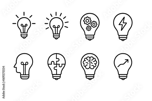 Innovation Icons Set. Outline icon set of innovation lightbulb: glowing bulb, idea spark, gears inside bulb,