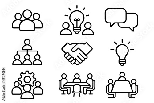 Teamwork Innovation Icons. Outline icon set of teamwork innovation: group of people, shared bulb, speech