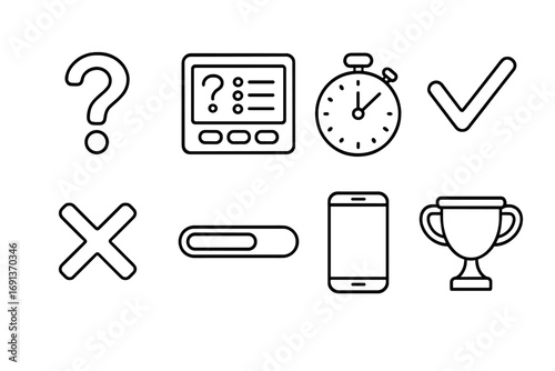 Interactive Quiz Icons. Outline icon set of interactive quizzes: question mark, multiple choice screen, timer