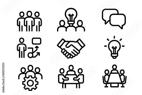 Teamwork Innovation Icons. Outline icon set of teamwork innovation: group of people, shared bulb, speech