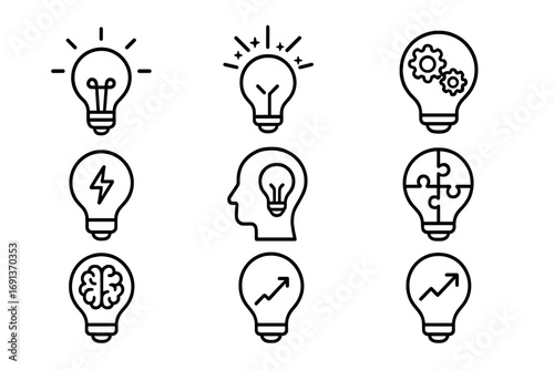 Innovation Icons Set. Outline icon set of innovation lightbulb: glowing bulb, idea spark, gears inside bulb,