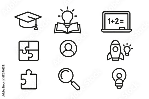 Educational Icon Set. Outline icon set of education and ideas: graduation cap, book bulb, chalkboard, laptop,