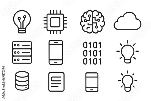Technology Icon Set. Outline icon set of technology and ideas: circuit bulb, computer chip, AI brain, cloud,