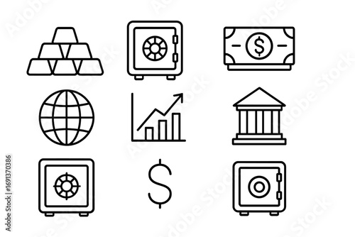 Currency Reserve Icons. Outline icon set of currency reserves: gold bars, vault, banknote stack, globe,