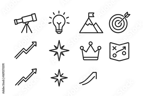 Leadership Icons Grid. Outline icon set of leadership and vision: telescope, lightbulb, mountain peak, target,