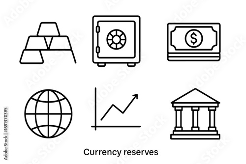 Currency Reserve Icons. Outline icon set of currency reserves: gold bars, vault, banknote stack, globe,