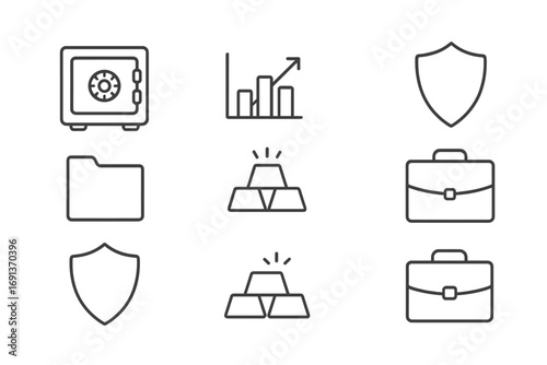 Investment Security Icons. Outline icon set of investment security: safe lock, bar chart, stock market arrow,