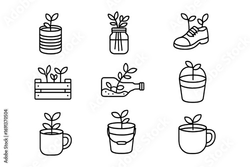 Upcycled Planter Icons. Outline icon set of planters made from upcycled materials: tin can planter, mason jar
