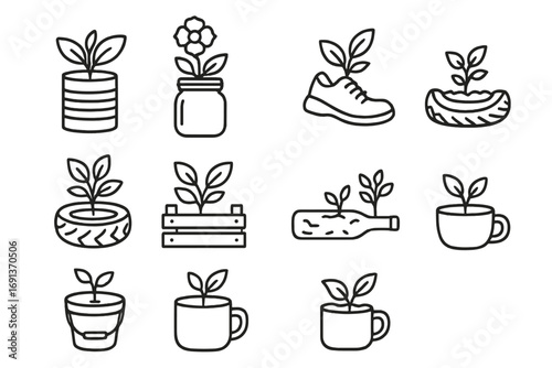 Upcycled Planter Icons. Outline icon set of planters made from upcycled materials: tin can planter, mason jar