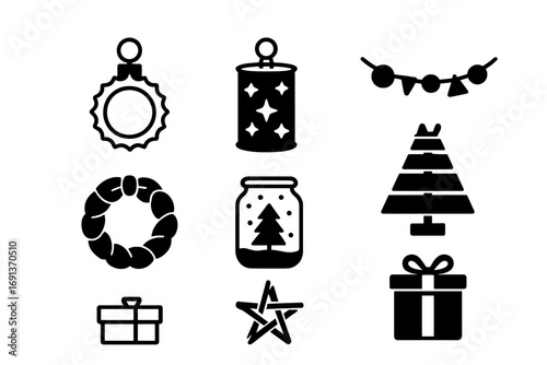 Upcycled Holiday Icons. Outline icon set of upcycled holiday decorations: bottle cap ornament, tin can lantern