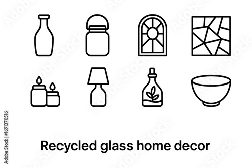 Recycled Glass Decor Icons. Outline icon set of recycled glass home decor: bottle vase, jar lantern, stained
