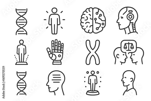 Futuristic Evolution Icons. Outline icon set of futuristic human evolution: DNA spiral, glowing human