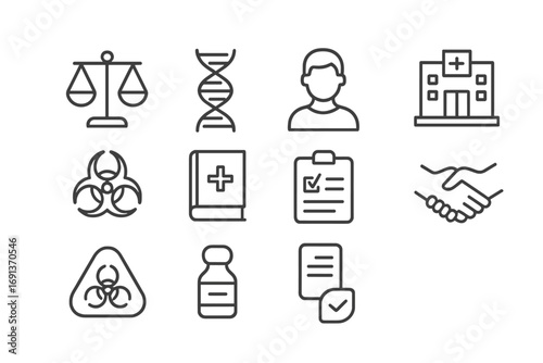Bioethics Icons Set. Outline icon set of bioethics in medicine: justice scales, DNA helix, patient profile,