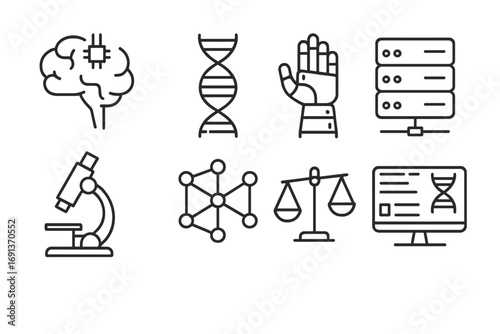 AI Genetic Research Icons. Outline icon set of AI in genetic research: brain chip, DNA strand, robot hand,