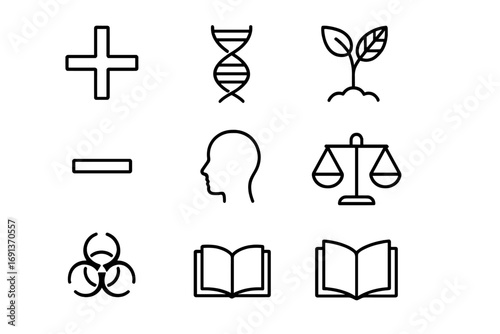 Genetic Engineering Icons. Outline icon set of pros and cons of genetic engineering: plus sign, minus sign,