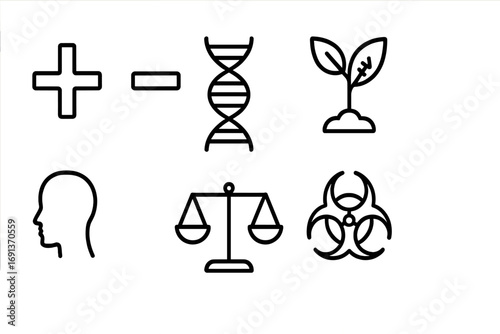 Genetic Engineering Icons. Outline icon set of pros and cons of genetic engineering: plus sign, minus sign,
