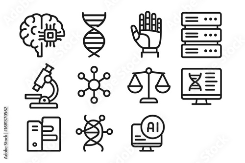 AI Genetic Research Icons. Outline icon set of AI in genetic research: brain chip, DNA strand, robot hand,