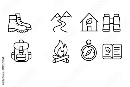 Eco-Tourism Icon Set. Outline icon set of eco-tourism: hiking boots, mountain trail, eco lodge, binoculars,