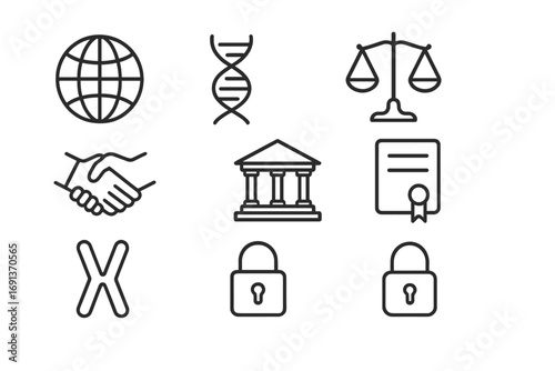 Global Genetic Policy Icons. Outline icon set of global genetic policies: world globe, DNA strand, scales of
