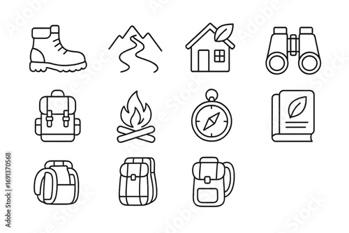 Eco-Tourism Icon Set. Outline icon set of eco-tourism: hiking boots, mountain trail, eco lodge, binoculars,