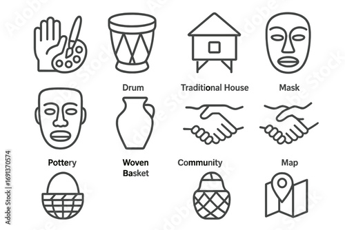 Cultural Eco-Tourism Icons. Outline icon set of cultural eco-tourism: local craft, drum, traditional house,