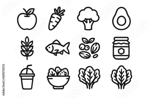 Healthy Nutrition Icons. ChatGPT сказал: Set Logo of Healthy Nutrition: apple, carrot, broccoli, avocado, wheat, fish, nuts,