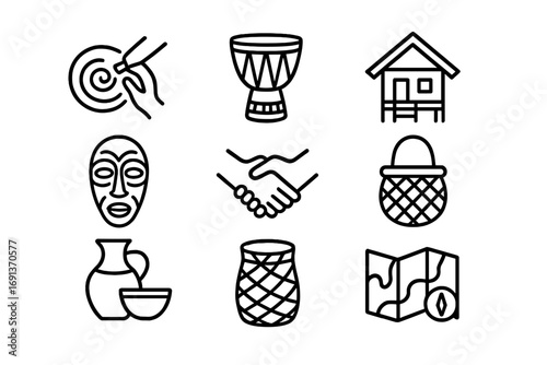 Cultural Eco-Tourism Icons. Outline icon set of cultural eco-tourism: local craft, drum, traditional house,